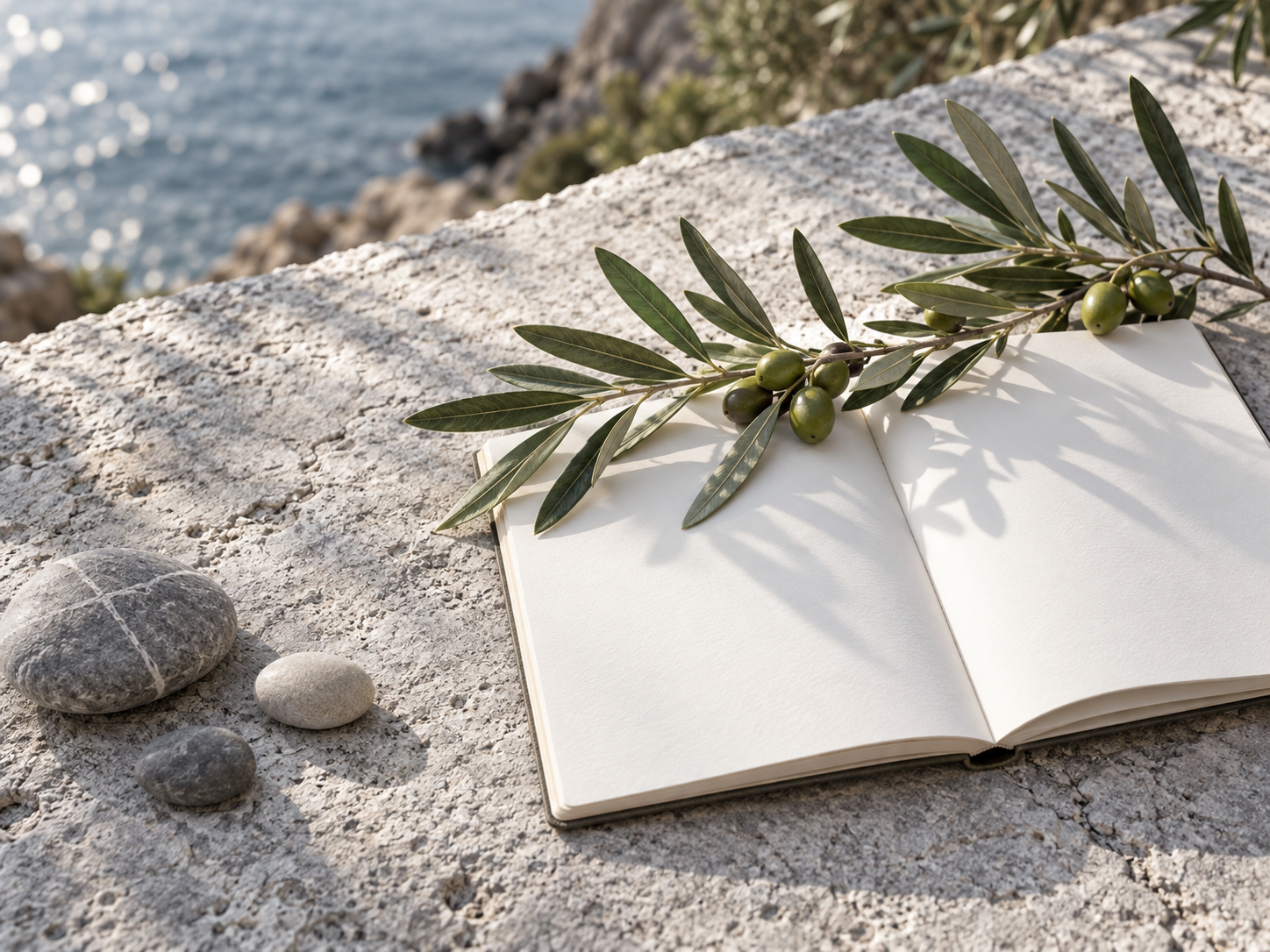 Ένα κλαδί ελιάς πάνω σε ανοιχτό σημειωματάριο, δίπλα στη θάλασσα.